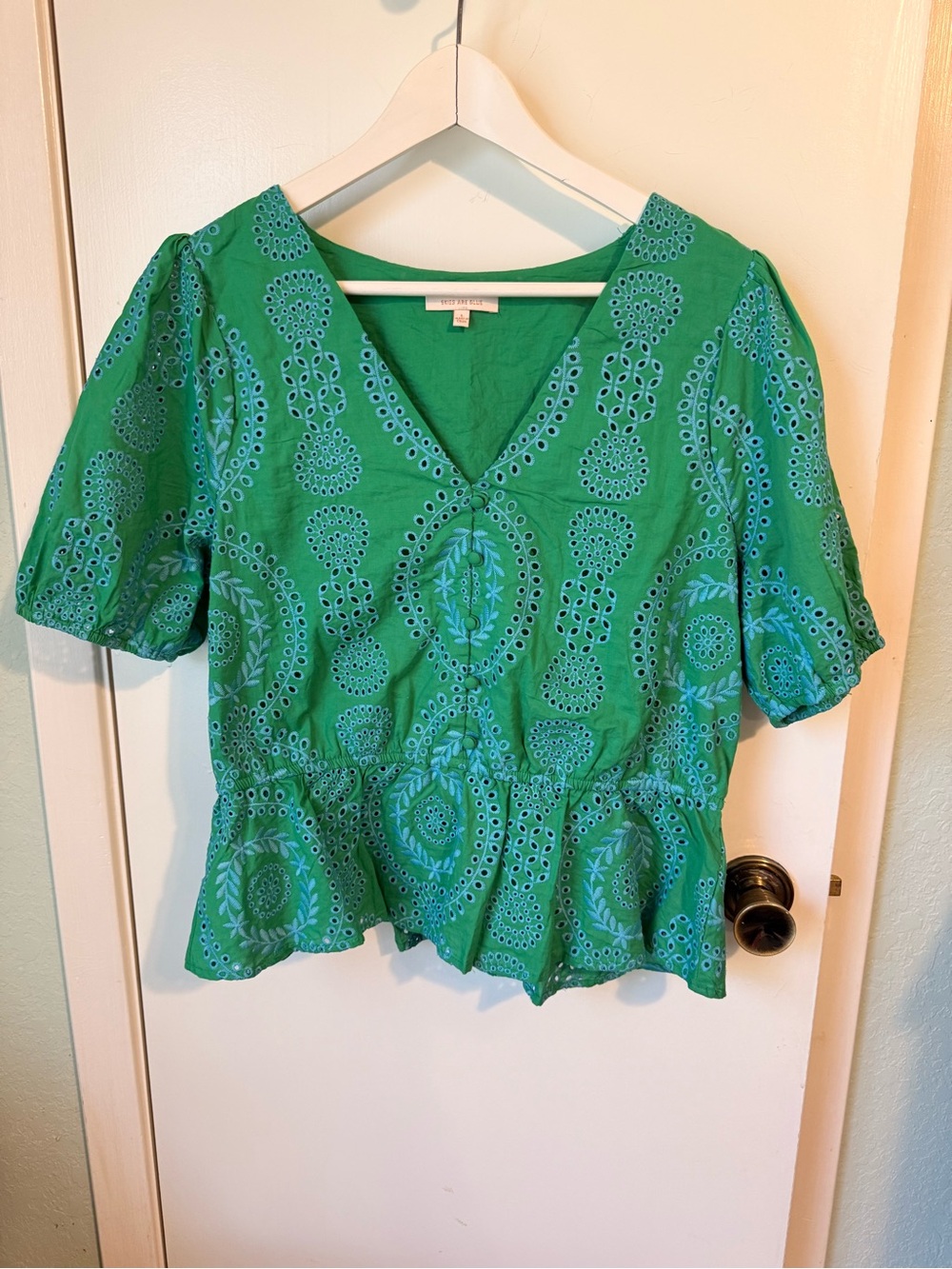 Skies Are Blue Emerald Green Eyelet V-Neck Peplum Blouse